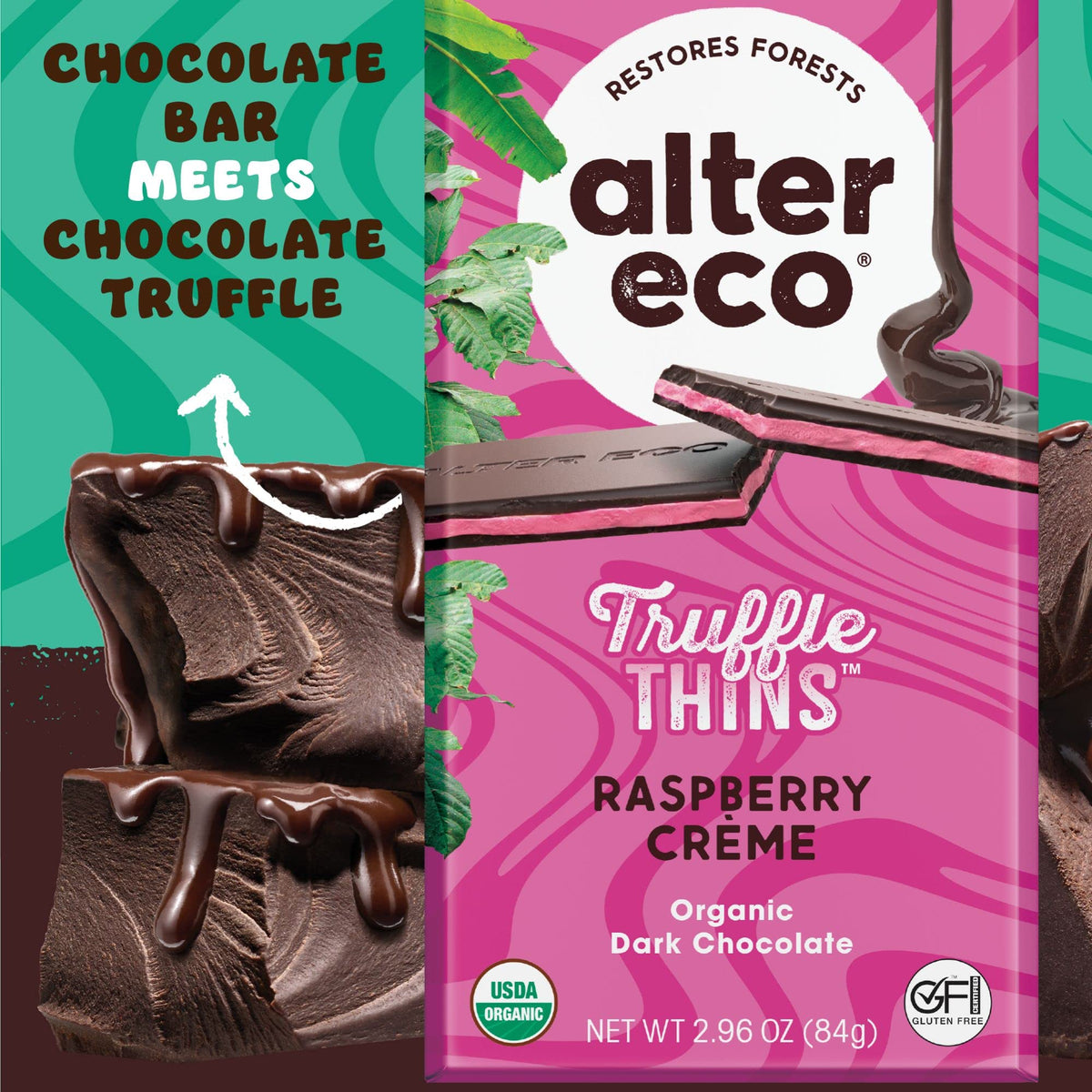 Alter Eco Raspberry Creme Truffle Thins, Chocolate Bar with Gooey Ganache Truffle Filling, Organic, Gluten & Soy-Free, Non-GMO Snacks, No Additives