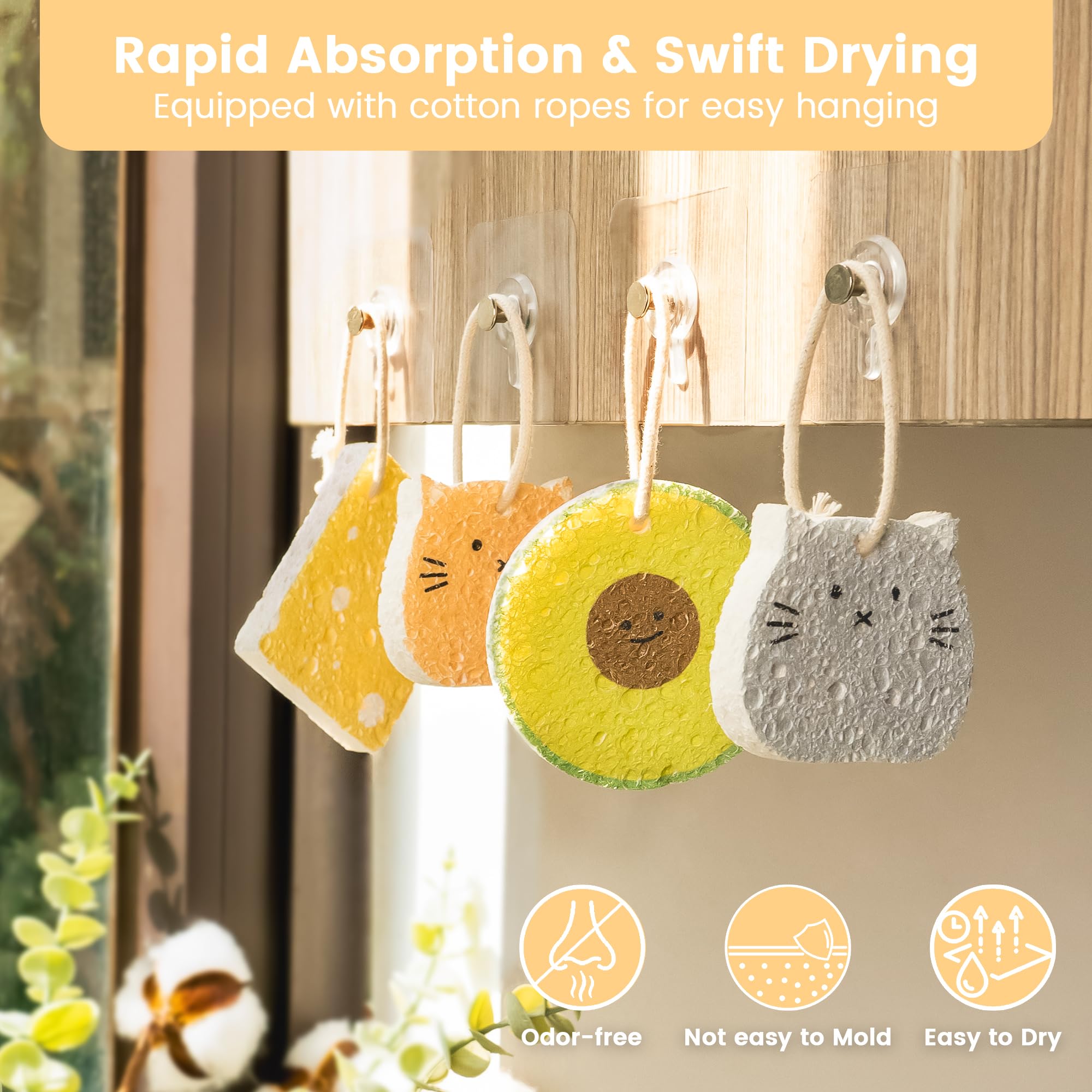 LEAFRE Cellulose Compressed Eco-Sponge 5 Pack- Avocado Sandwich Set |Standard Size| Plastic-Free & Made of All-Natural Wood Pulp | Showering