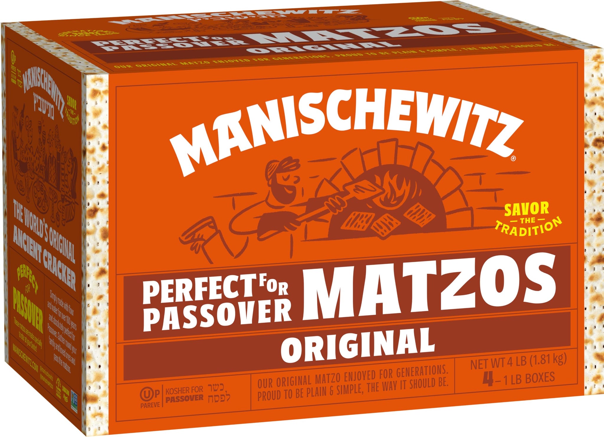 Manischewitz Passover Matzo, 4x1lbs Boxes (Total 4 Boxes) Freshly Baked for Passover 2026 | Just 2 Ingredients | Airy, Thin, Crisp & Delicious!