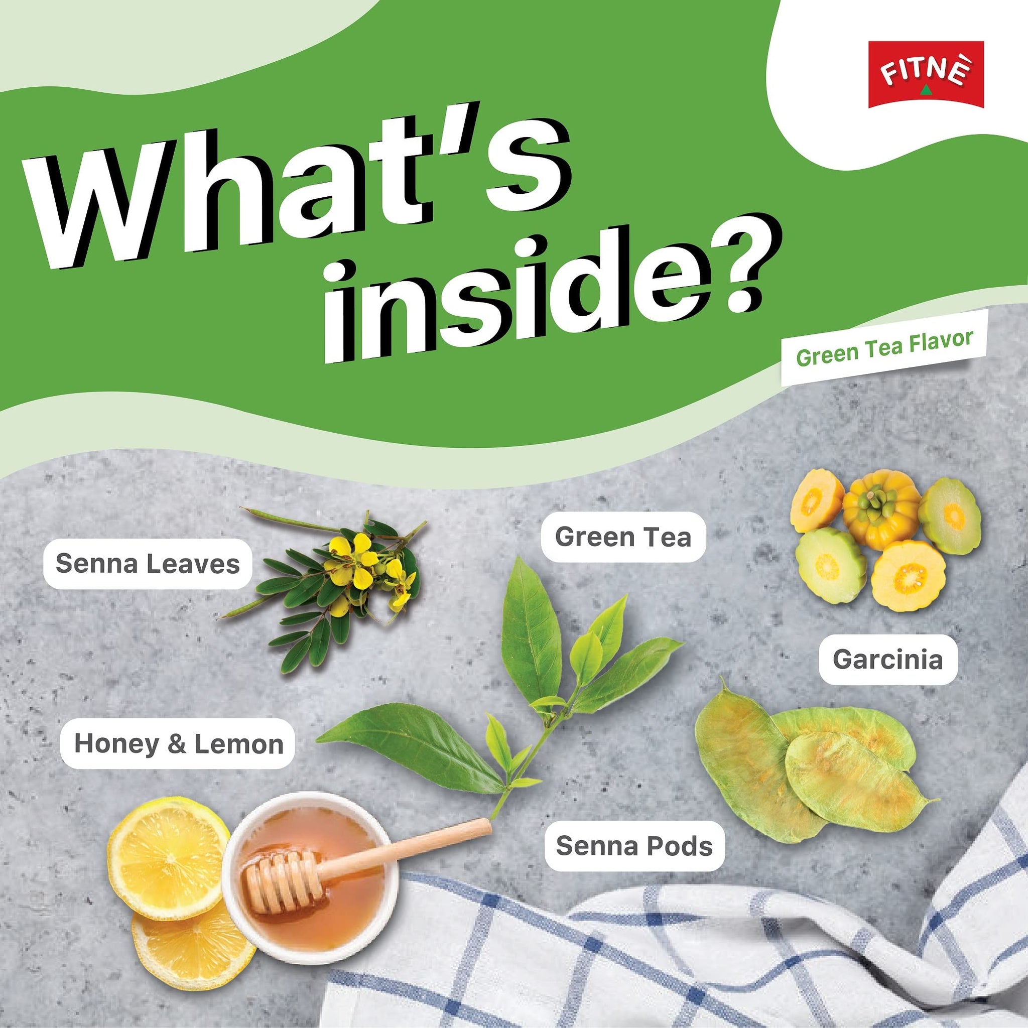 FITNE Green Tea Herbal Honey Lemon With Garcinia Senna Infusion Gentle Detox Cleanse High Antioxidant No Calories Stevia Sweetener, 30 Tea Bags