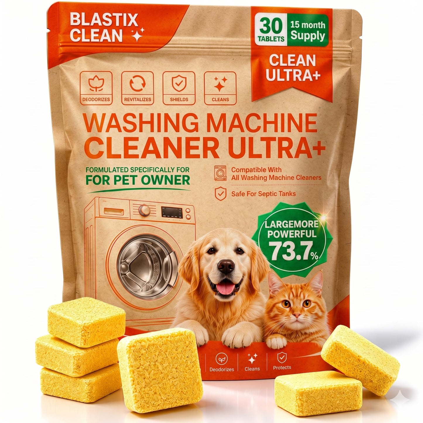 BLASTIX Washing Machine Cleaner 30 Tablets, Formulated for Pet Owners, Deep Cleaning for Front & Top Loader HE Laundry Machine, Extra 73.7%