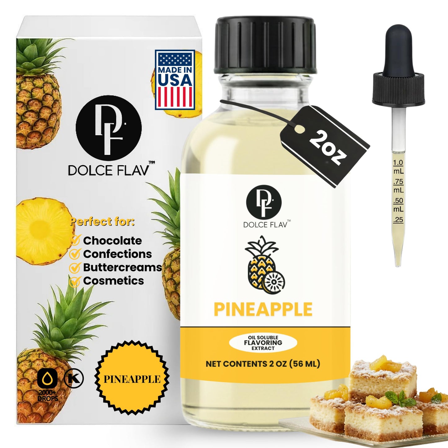 Dolce Flav Pineapple Extract - 2 Ounce Oil-Soluble Kosher, Sugar-Free, Concentrated Tropical Flavor for Candy, Chocolates & Desserts, Includes
