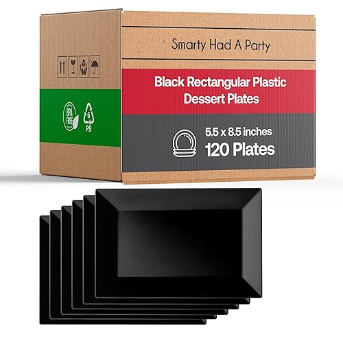 Smarty Had A Party Elegant Disposable Plastic Dessert Plates 120 Pcs - Rectangle Black Salad Appetizer Plate Bulk for Wedding, Birthday, All Occasions