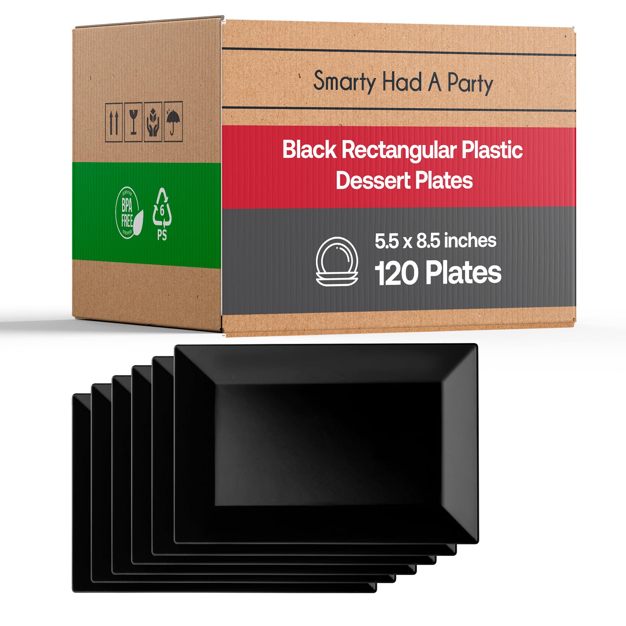 Smarty Had A Party Elegant Disposable Plastic Dessert Plates 120 Pcs - Rectangle Black Salad Appetizer Plate Bulk for Wedding, Birthday, All Occasions
