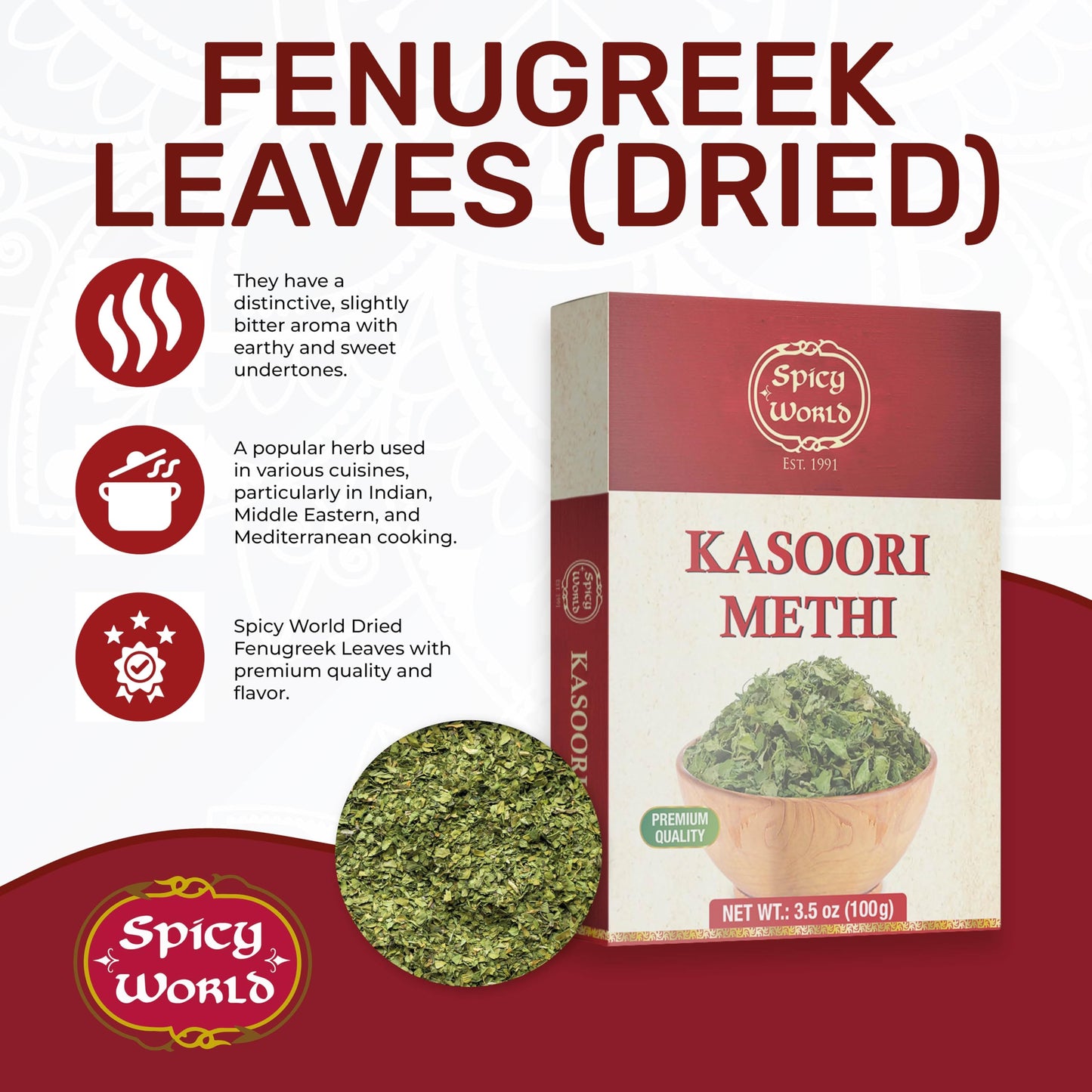 Spicy World Dried Fenugreek Leaves (Kasoori Methi) 3.5oz Box (100g) - All Natural | Vegan | Gluten Friendly | NON-GMO | Indian