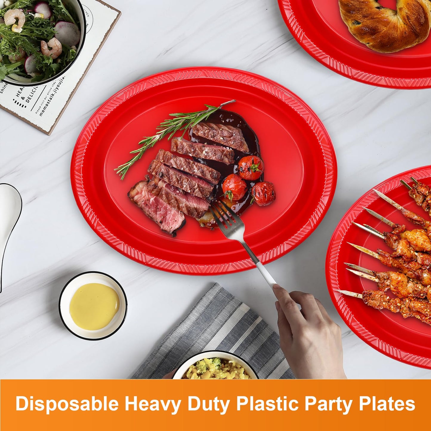 Gabotrie 50 PCS Disposable Red Plates, 9.8" x 12.4" Oval Red Plastic Plates, Heavy Duty Plate Bulk, Large Oval Plastic Plate for Party Dinner Birthday