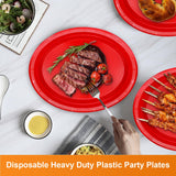Gabotrie 50 PCS Disposable Red Plates, 9.8" x 12.4" Oval Red Plastic Plates, Heavy Duty Plate Bulk, Large Oval Plastic Plate for Party Dinner Birthday
