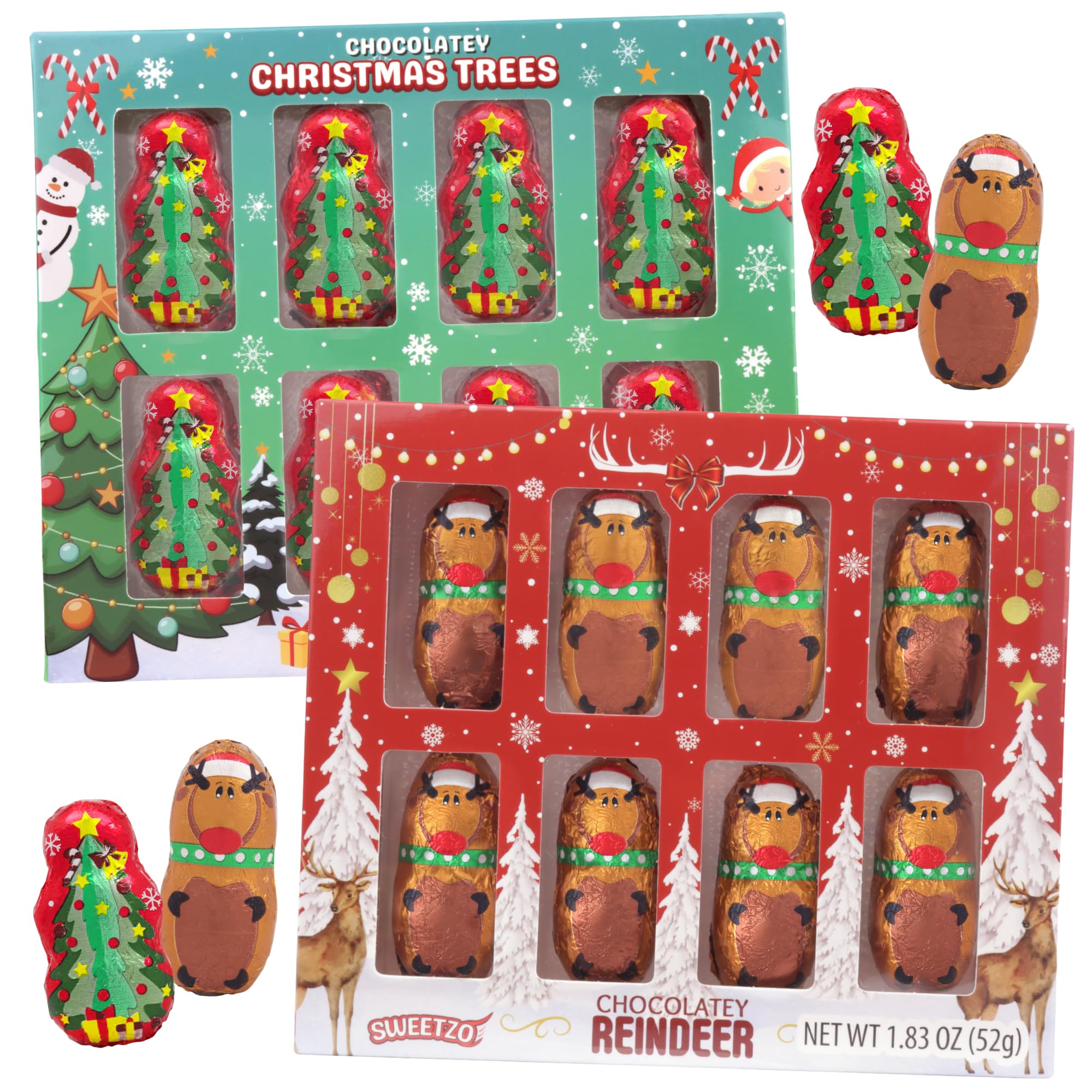 Mini Chocolatey Christmas Trees and Reindeers, Individually Wrapped Candy Gift Boxes, Perfect Stocking Stuffer Treats, 8 Pieces Inside Each (Set of 2)