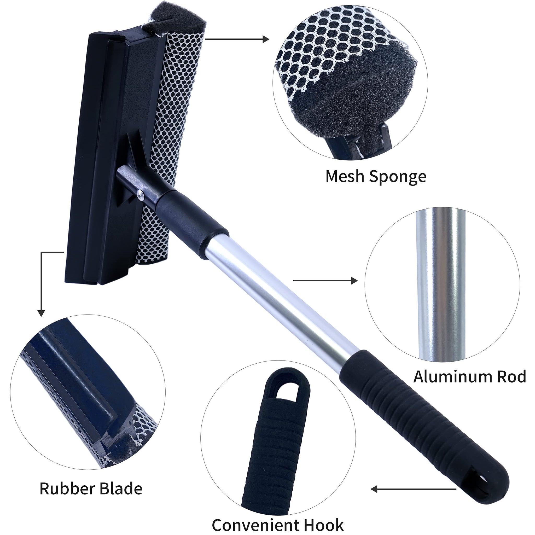 Polyte Window Squeegee for Car Windshields and Window Cleaning Tool, Extendable Aluminum Handle 14-20 in. (Black)
