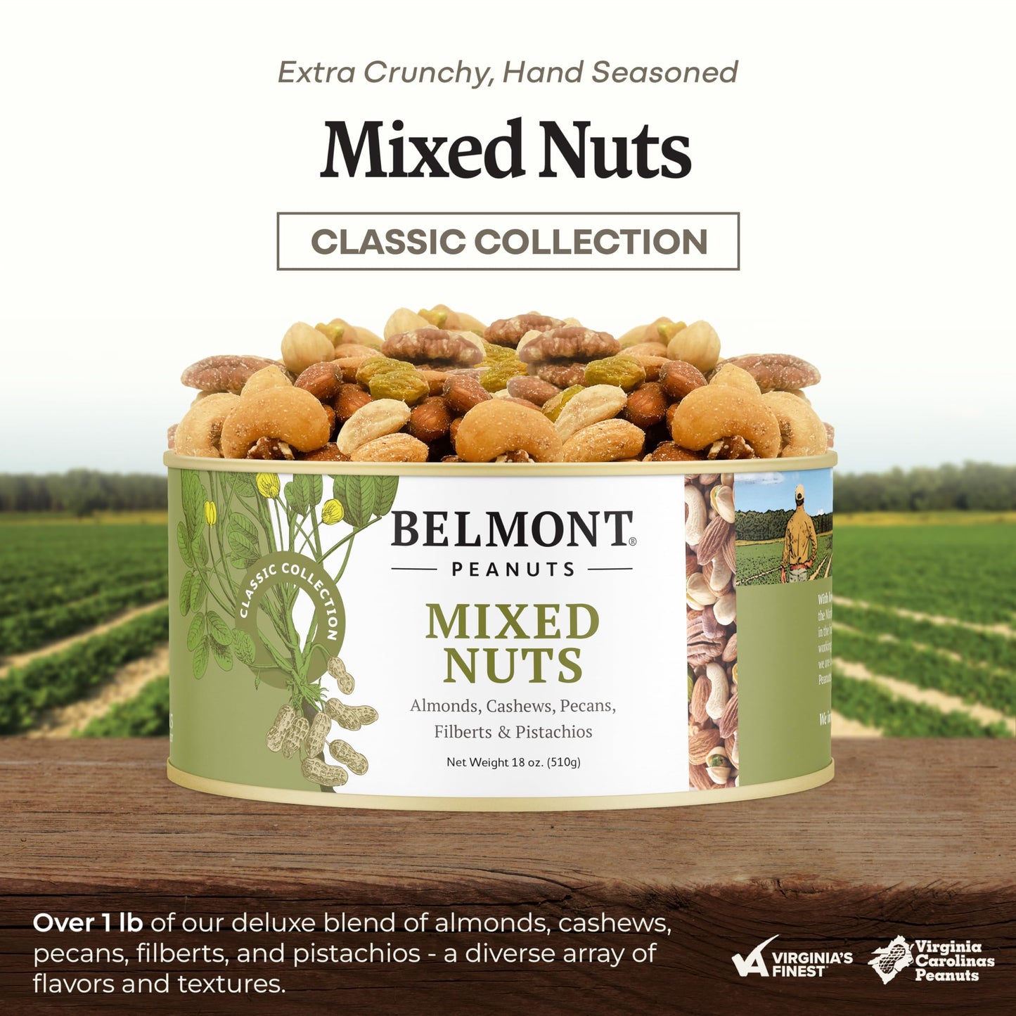 Belmont Peanuts Gourmet Sea-Salted Mixed Nuts, 18 oz (1 Pack) - Cashews, Almonds, Pecans, Filberts, Pistachios - Only 7 Simple Ingredients, No