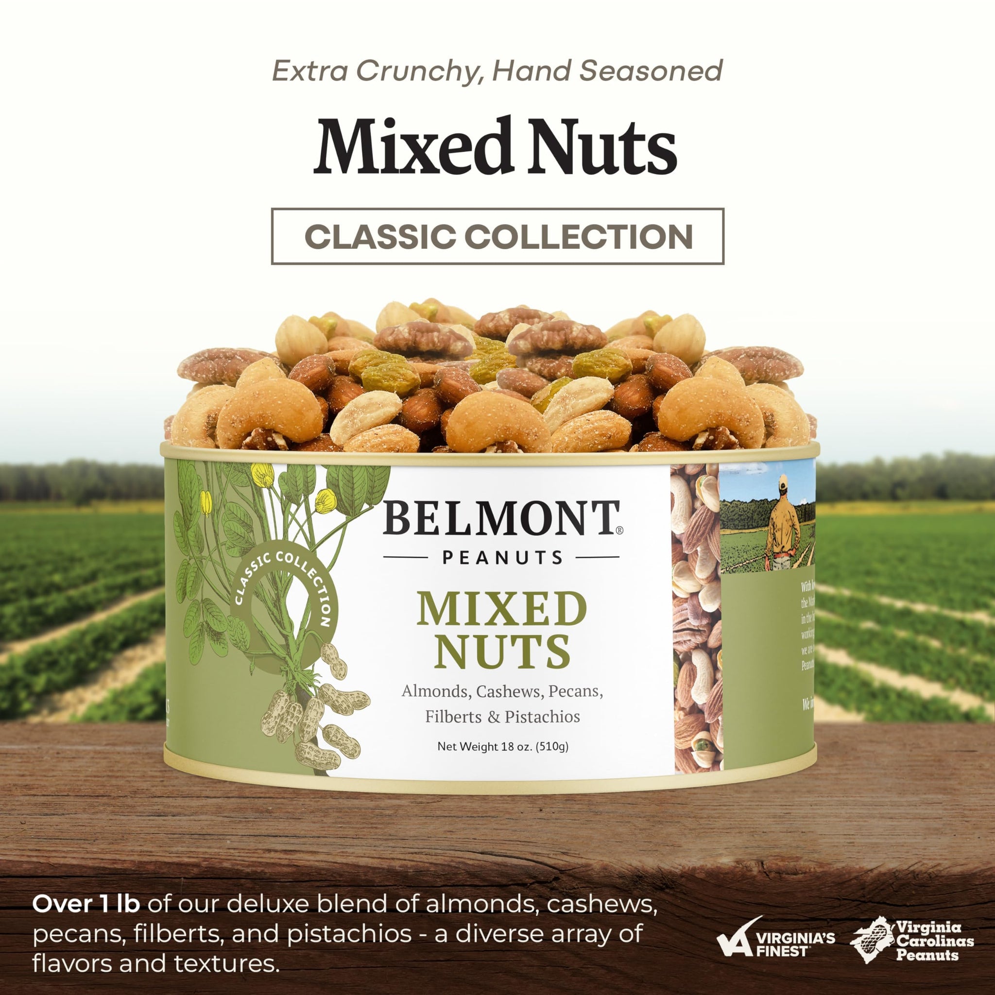 Belmont Peanuts Gourmet Sea-Salted Mixed Nuts, 18 oz (1 Pack) - Cashews, Almonds, Pecans, Filberts, Pistachios - Only 7 Simple Ingredients, No