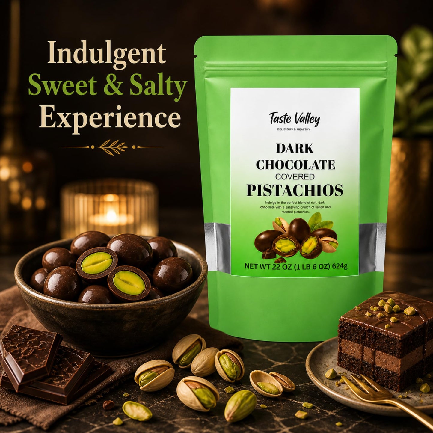 Taste Valley Dark Chocolate Covered Pistachios - 22 oz | Dry Roasted Sea Salted | Sweet & Salty Gourmet Snack | No Artificial Flavors | Gluten Free |
