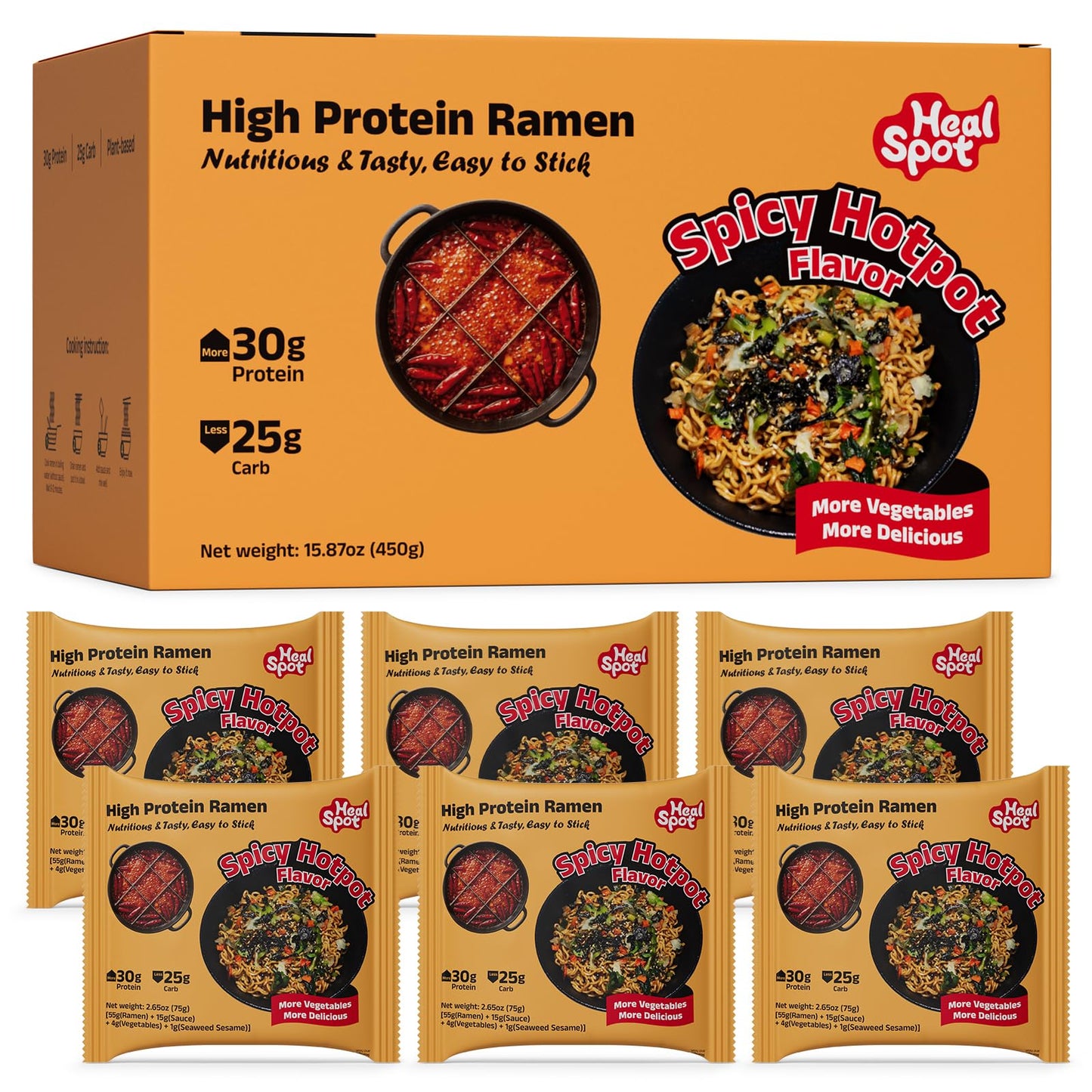 HealSpot High Protein Instant Ramen, 31g Plant Based Protein, Low Fat, Low Carb, Non GMO, Keto Friendly, Plant Based Dry Mixed Ramen, 6 Packs of Hot