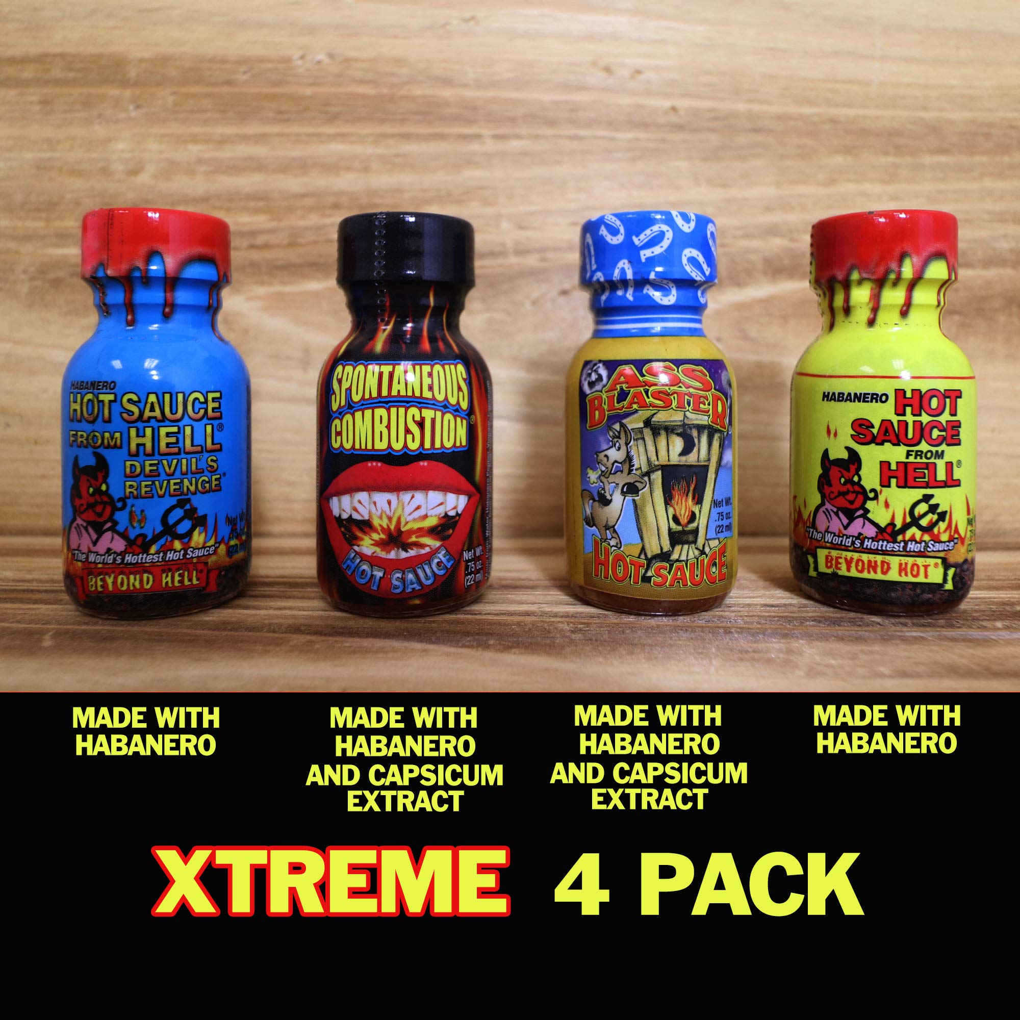 Xtreme Heat Hot Sauce Bottles Gourmet Gift Set Travel Size - 4 Pack - Try if you dare! - Perfect Gourmet Christmas Gifts for the Hot Sauce Fan