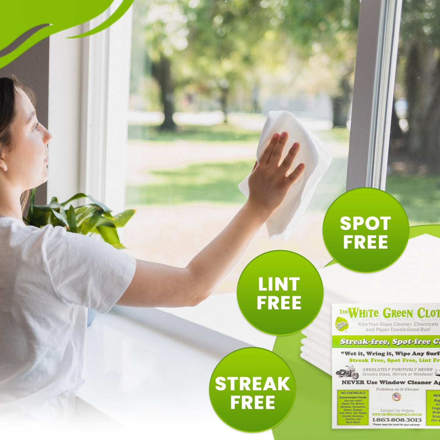The White Green Cloth 1-Pack Reusable Cleaning Cloth for Streak-Free Windows, Mirrors & All-Purpose Cleaning - Chemical-Free, Absorbent, Non-Abrasive