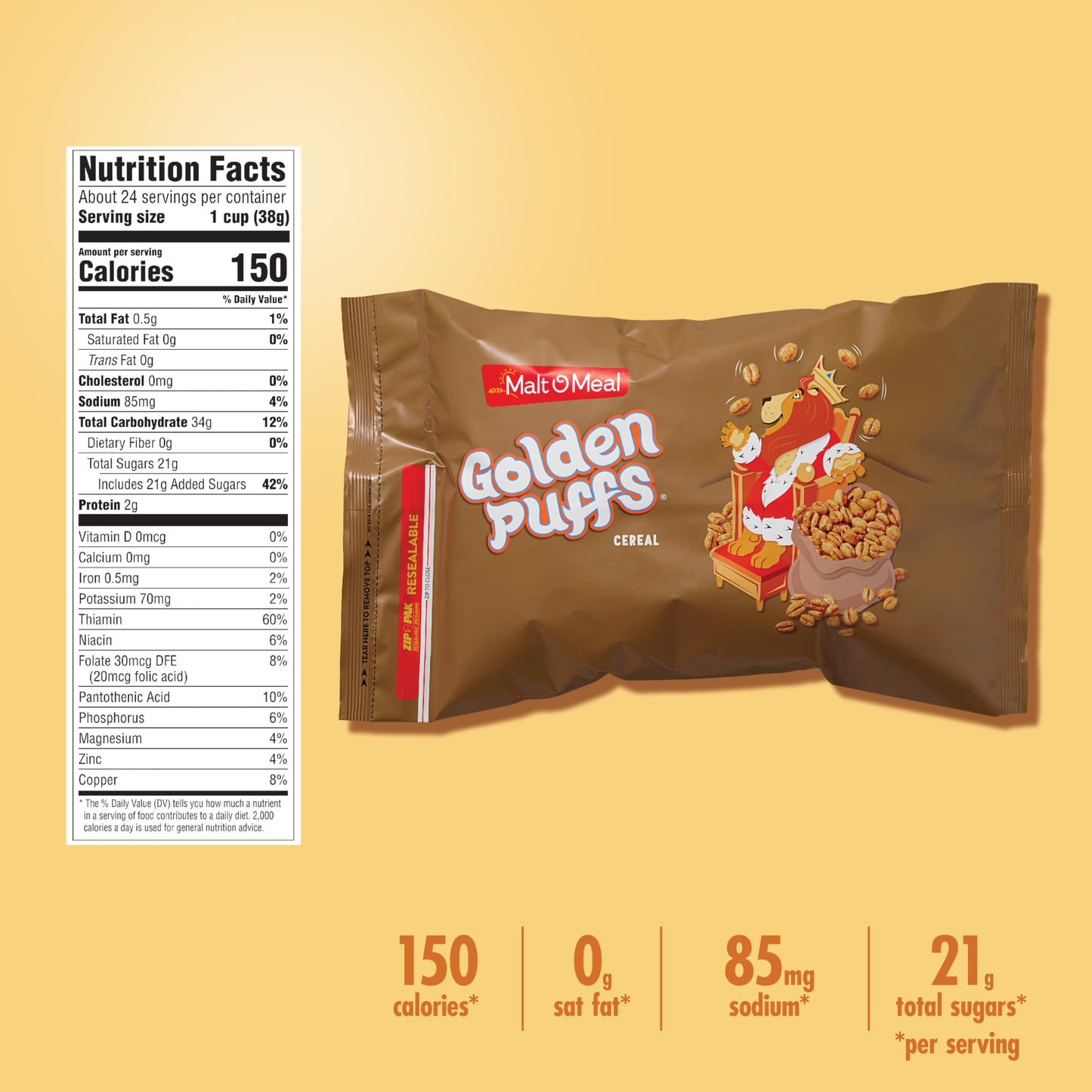 Malt-O-Meal Golden Puffs Sweetened Puffed Wheat Breakfast Cereal, Bulk Family Size, 32 oz Resealable Bag