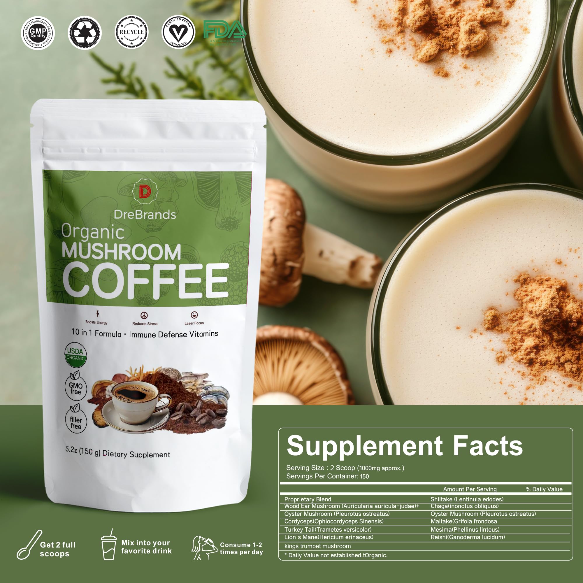 DreBrands Mushroom Coffee |10 in 1 Organic Mushrooms | USDA Organic | Instant Coffee | Wood Ear | Better Energy, Focus, Digestion, Immunity |