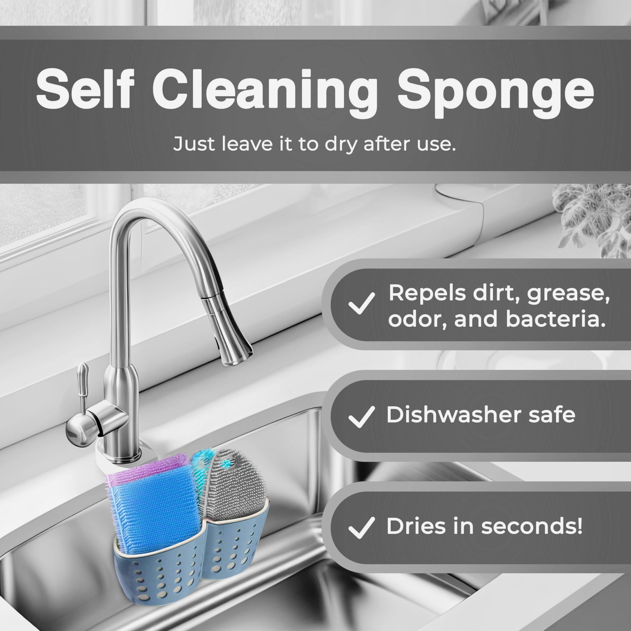 Asiopphire Silicone Sponges for Dishes - 4 Pack Dual-Sided Dish Scrubber - Food Grade, BPA Free Silicone Sponge & Housecleaning