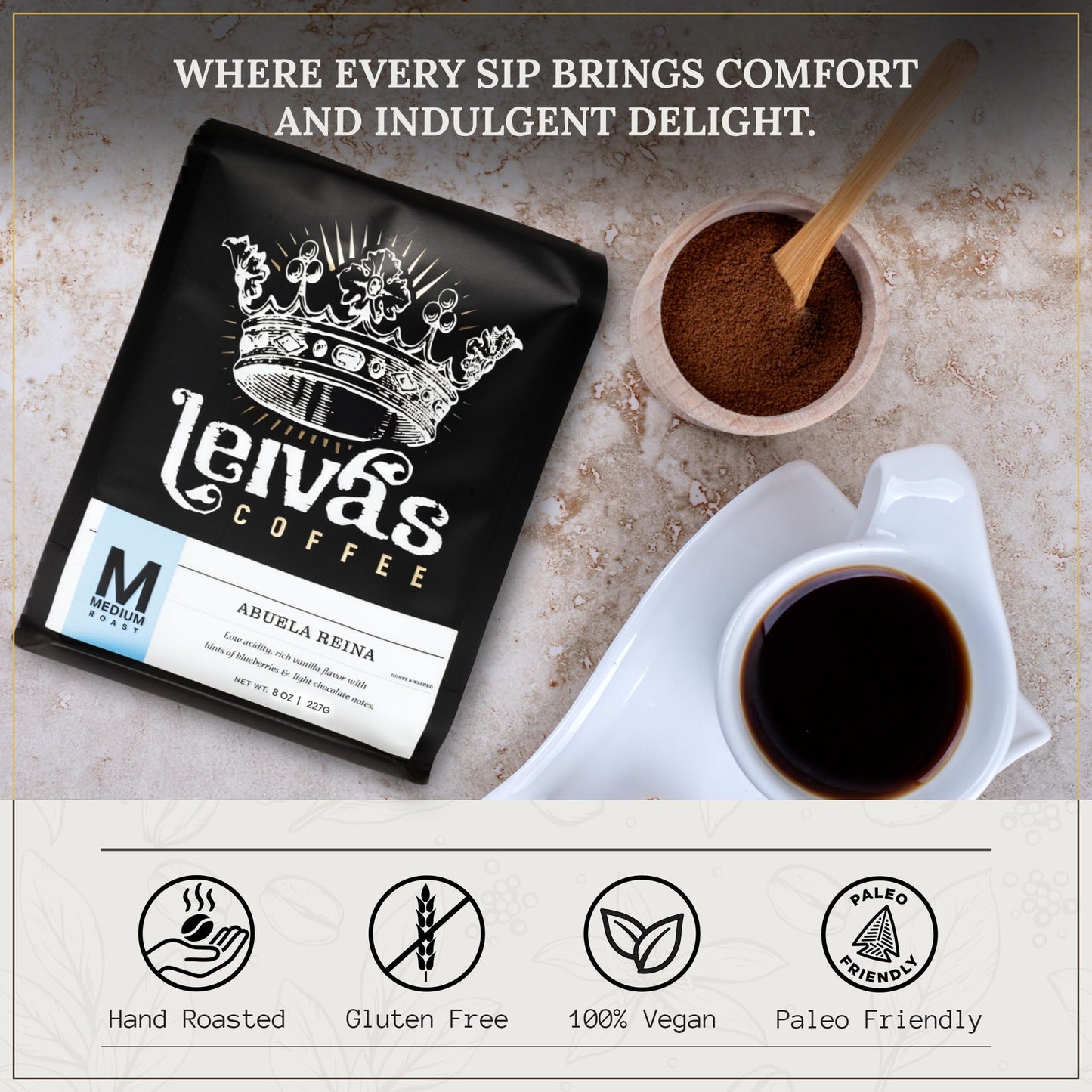 Leiva’s Medium Roast Ground Coffee (8 Oz) - Freshly Roasted, Single Origin Guatemalan Beans - Abuela Reina Coffee Grounds w/Vanilla, Blueberries