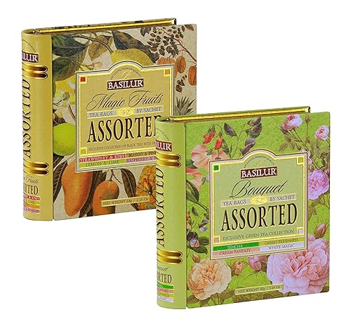 Basilur | Bouquet Green Tea & Specialty Classics Assorted Black Tea Book Set | 100% Pure Ceylon Tea | Collectible Metal Caddy | 2 X 32 Tea Bags