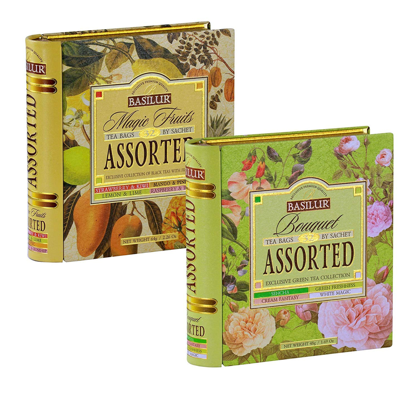 Basilur | Bouquet Green Tea & Specialty Classics Assorted Black Tea Book Set | 100% Pure Ceylon Tea | Collectible Metal Caddy | 2 X 32 Tea Bags