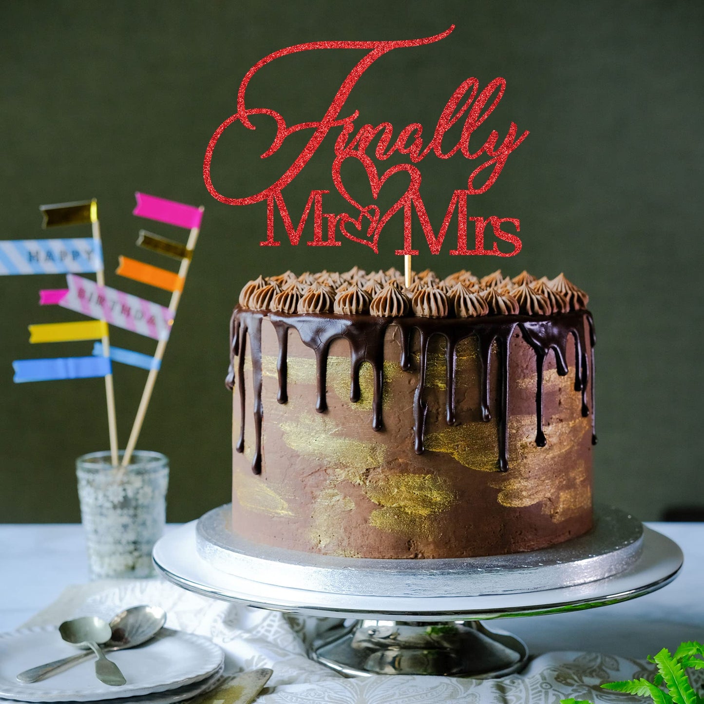 Finally Mr & Mrs Cake Topper,Wedding Anniversary Bridal Shower Party Decorations,Romantic Wedding Party Decorative Cake Toppers (Red)