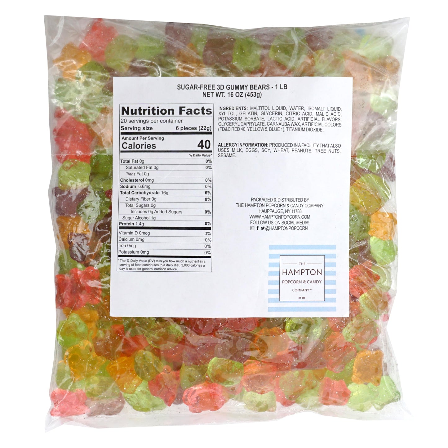 Sugar-Free 3D Gummy Bears, 1 Pound Bulk Bag, The Hampton Popcorn & Candy Company