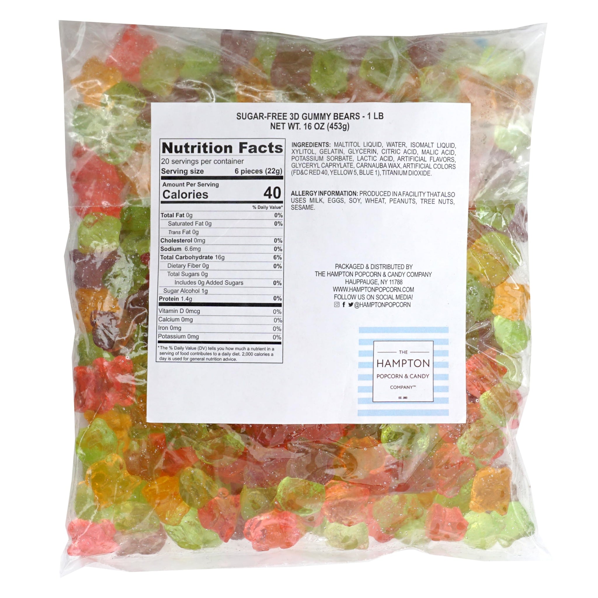 Sugar-Free 3D Gummy Bears, 1 Pound Bulk Bag, The Hampton Popcorn & Candy Company