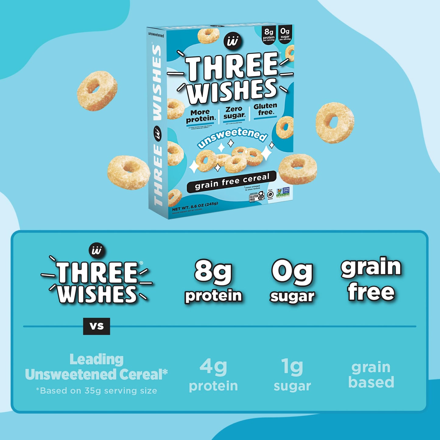 Plant-Based and Vegan Breakfast Cereal by Three Wishes - Unsweetened, 1 Pack - More Protein and Less Sugar Snack - Gluten-Free, Grain-Free - Non-GMO