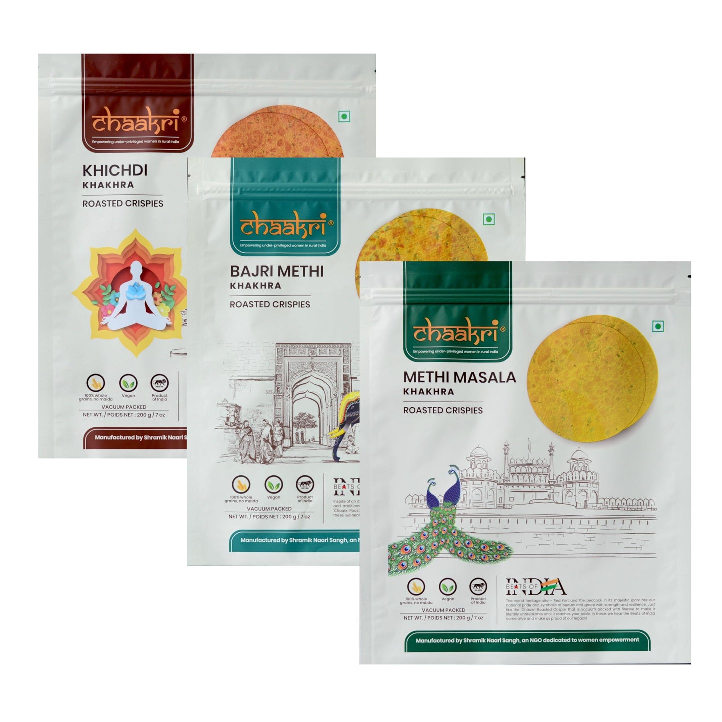 Chaakri Khakhra Roasted Crispies - 3 Pack, Whole Grain, Ready to Eat Savory Snacks, Non-GMO, Vegan (Spicy Mix)