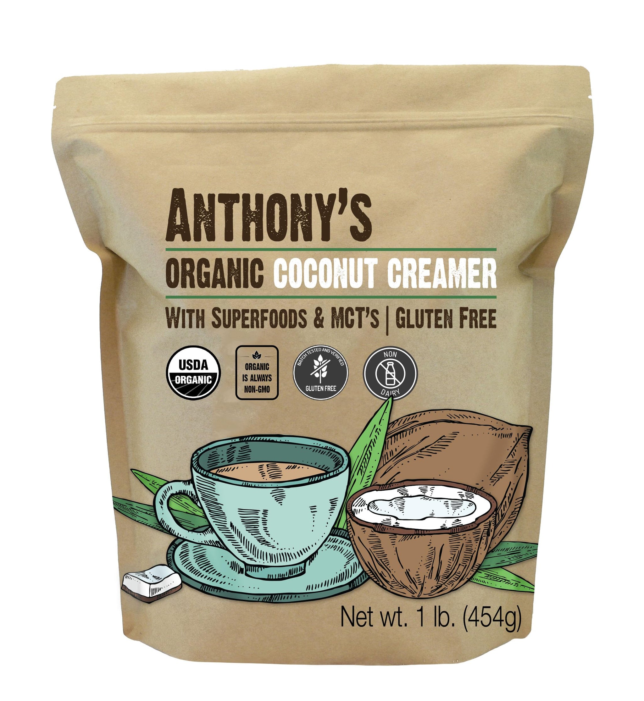Anthony's Organic Coconut Creamer, 1 lb, With Superfoods & MCT's, Gluten Free, Non GMO, Non Dairy