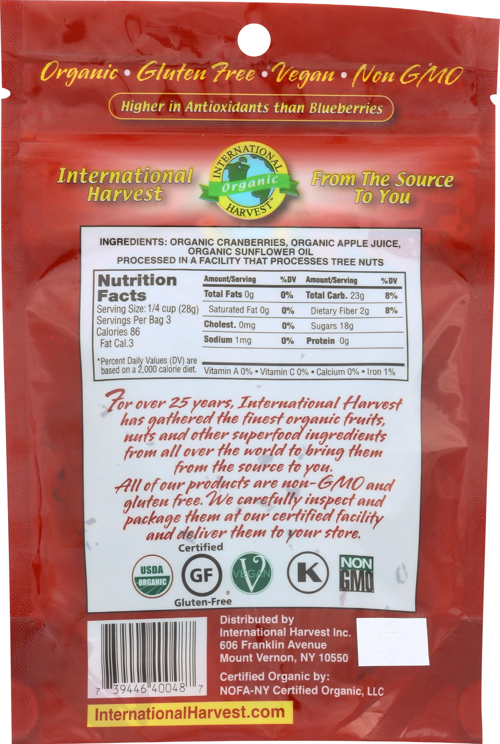 INTERNATIONAL HARVEST Organic Apple Juice Sweetened Cranberries, 3 OZ