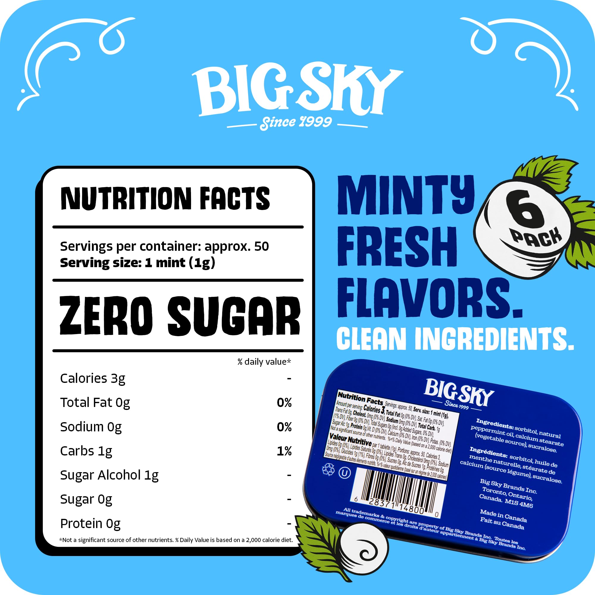 Big Sky Sugar Free Peppermint Mints - 50 Count Tin (Pack of 6) | Kosher Certified, Vegan Peppermint Candy | Aspartame & Gluten Free | Natural Breath