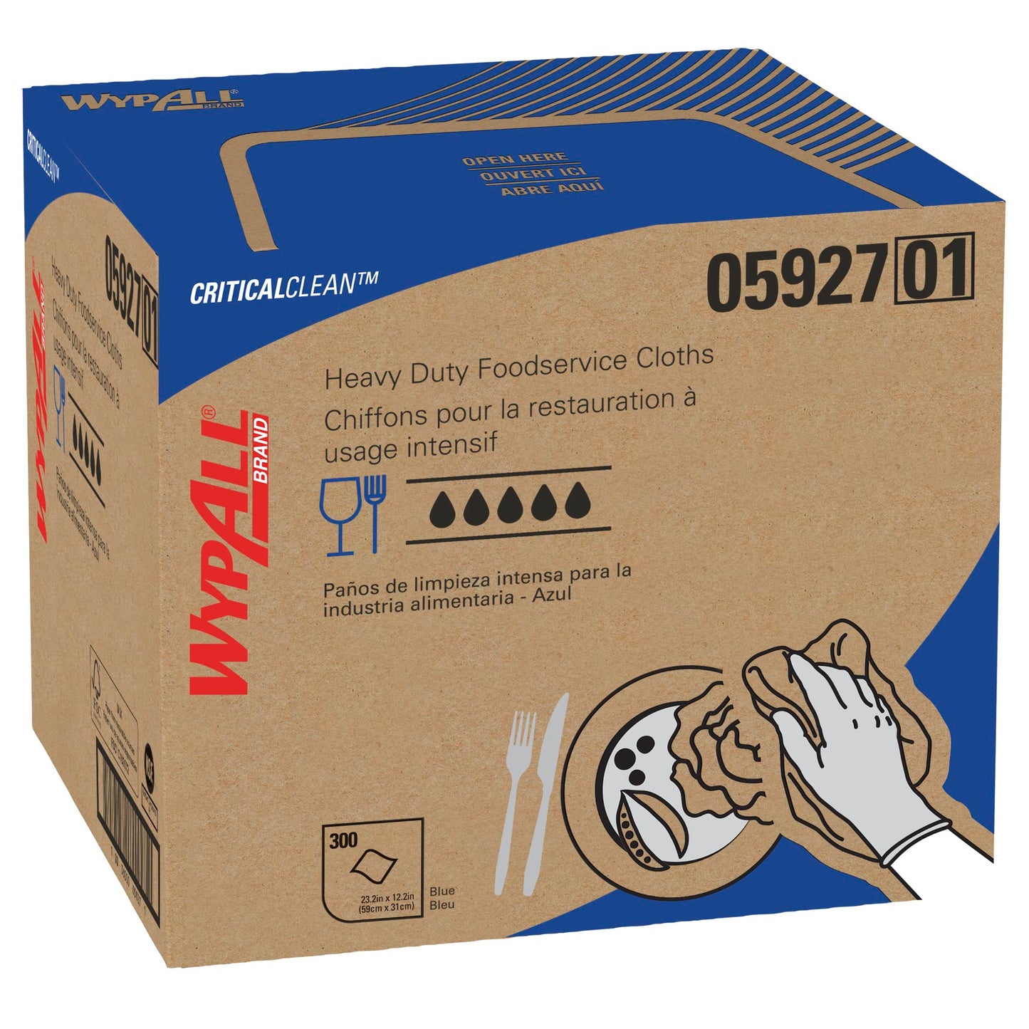 WypAll CriticalClean High Capacity Cloths Heavy Duty Foodservice Wipes (05927), Quarterfold Towels, Blue (1 Box of 300 Sheets, 300 Sheet Total)