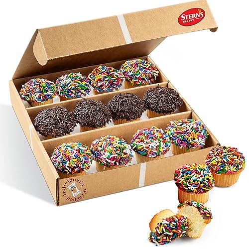Mini Cupcakes [12 Count] Topped with Rainbow Sprinkles | Birthday Food Gifts for Your Mom, Dad, Grandkid |Fresh Vanilla Cupcakes Individually Wrapped