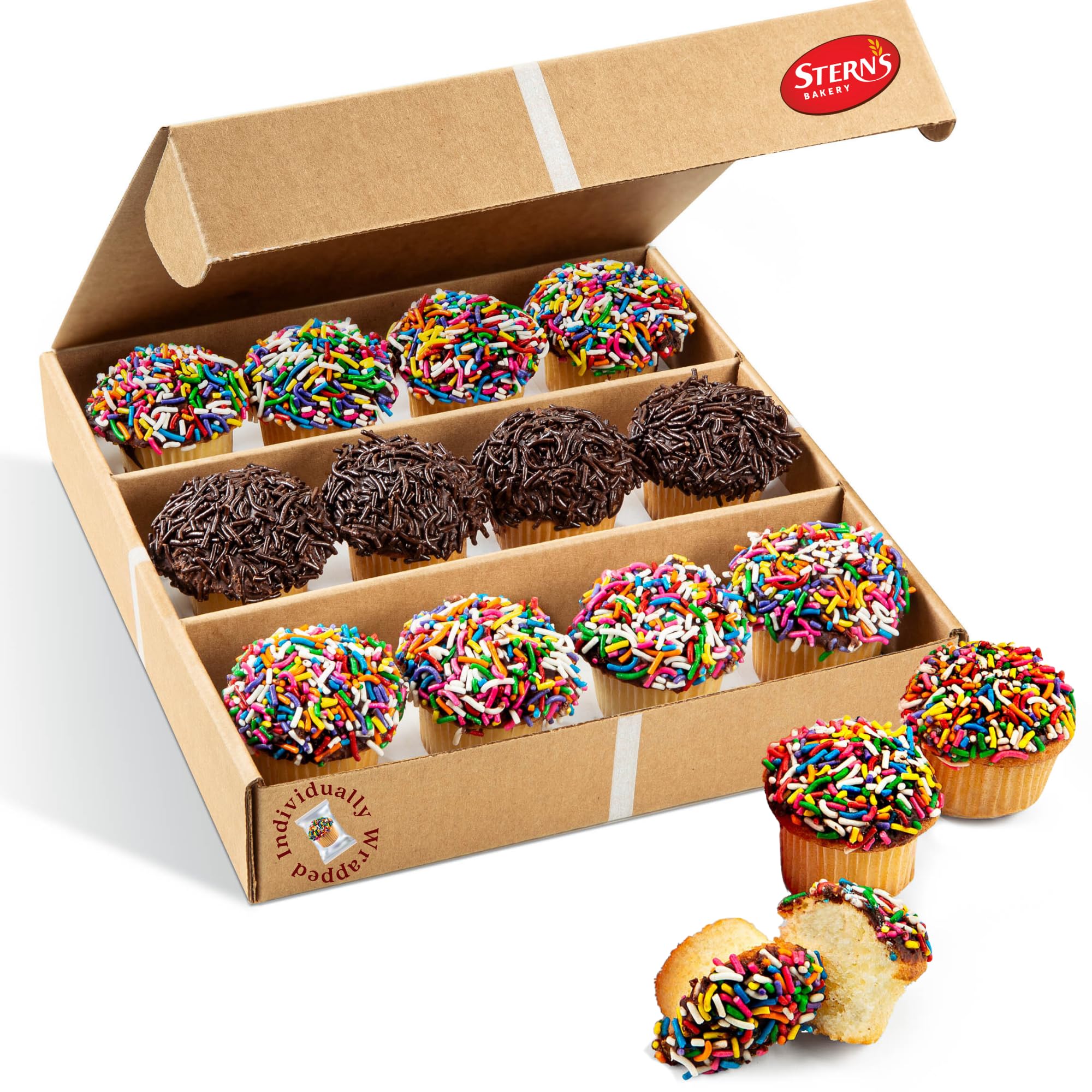 Mini Cupcakes [12 Count] Topped with Rainbow Sprinkles | Birthday Food Gifts for Your Mom, Dad, Grandkid |Fresh Vanilla Cupcakes Individually Wrapped