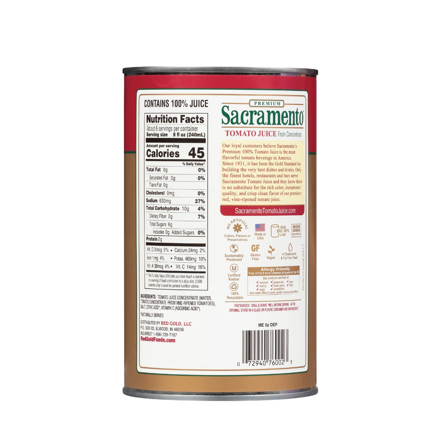 Sacramento Tomato Juice, No Added Sugar or High Fructose Corn Syrup, 46 Ounce Cans, 2-Pack