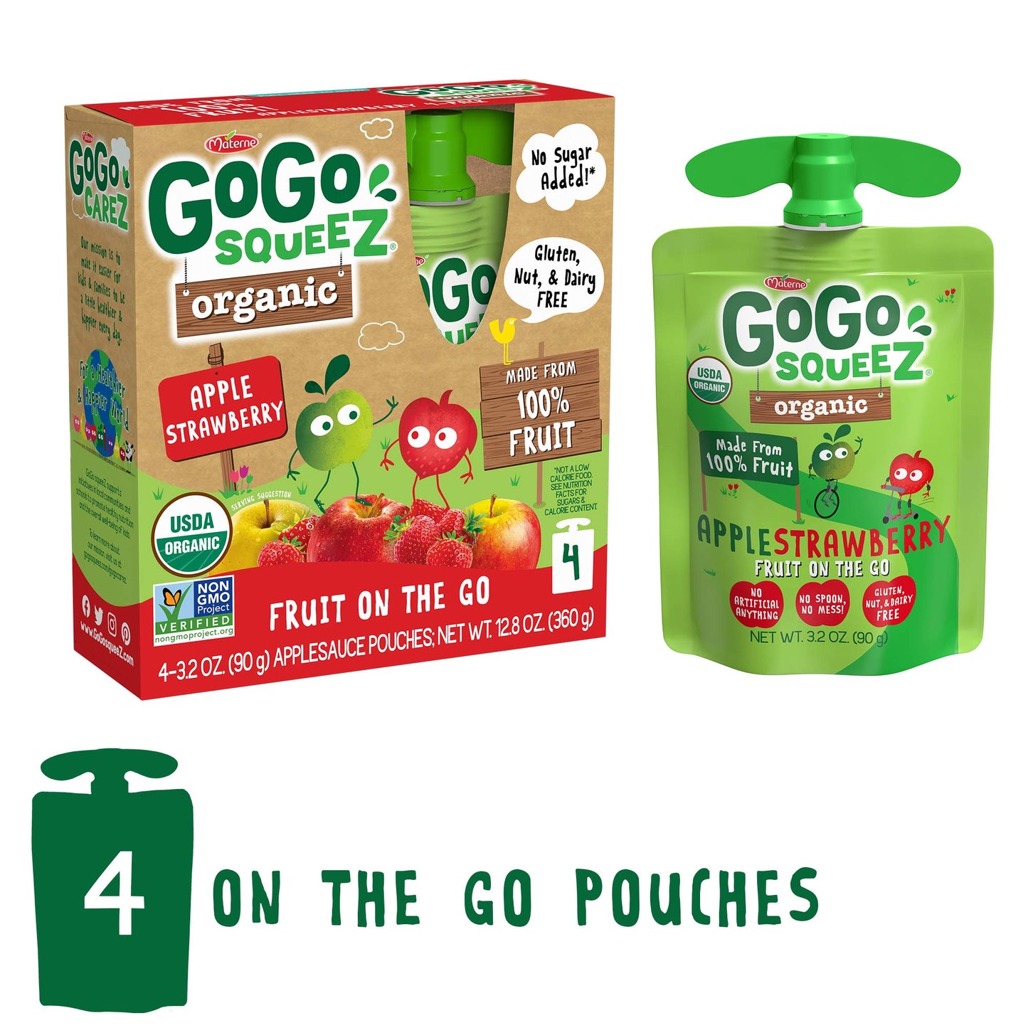 GoGo squeeZ Organic Applesauce, Apple Strawberry, 3.2 Ounce (4 Pouches), Gluten Free, Vegan Friendly, Unsweetened Applesauce, Recloseable, BPA Free