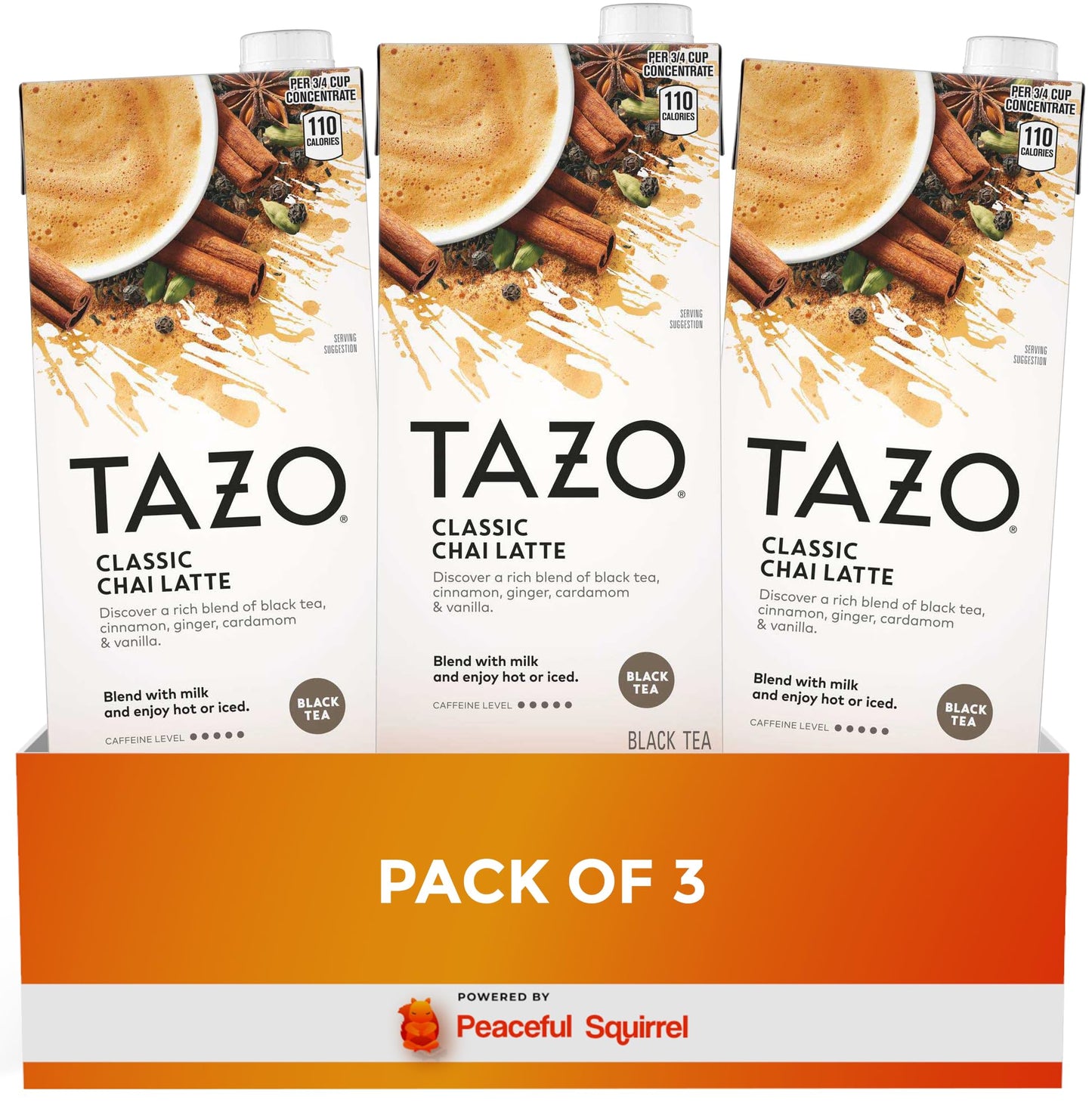 Tazo Classic Chai Latte Concentrate, Spiced Black Tea Blend, 32 oz (Pack of 3) - Packaged by Peaceful Squirrel