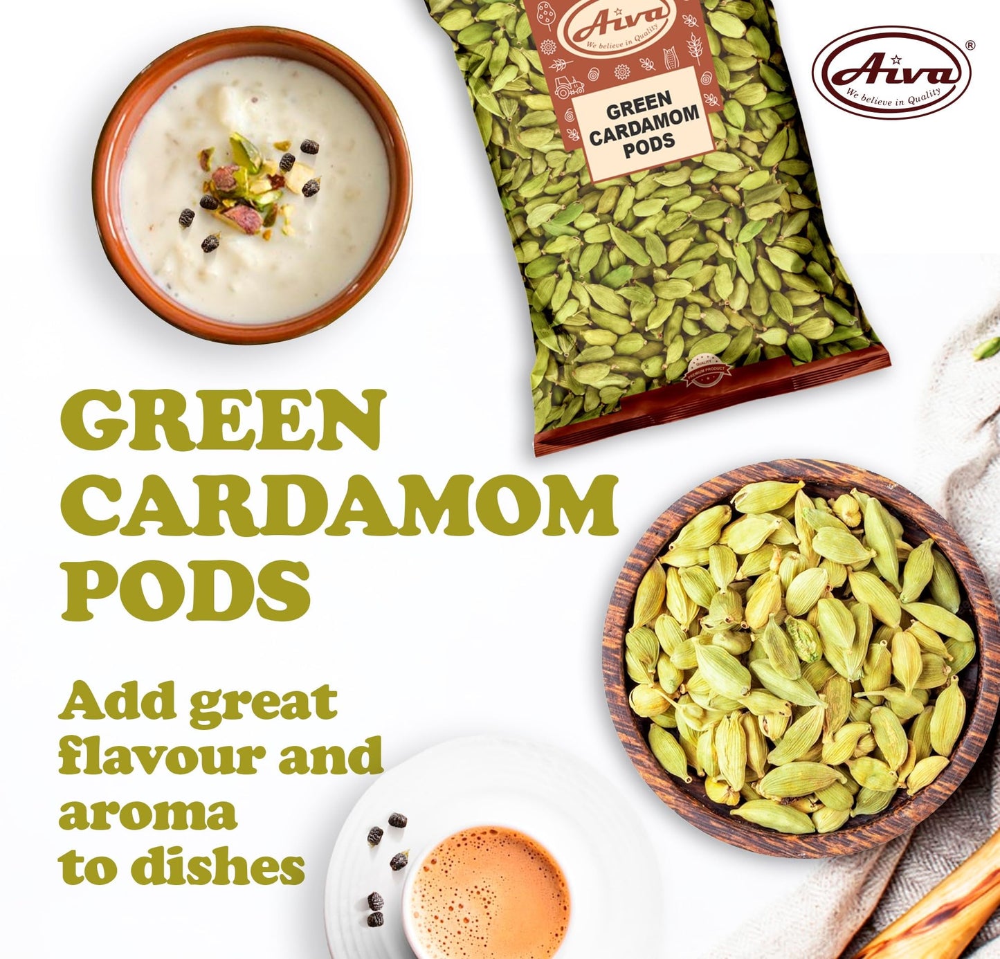 Aiva Green Cardamom Pods (Hari Elaichi) | Whole Aromatic Spice for Cooking | Baking | Tea, Desserts & Seasoning - 14 OZ (400 gm)