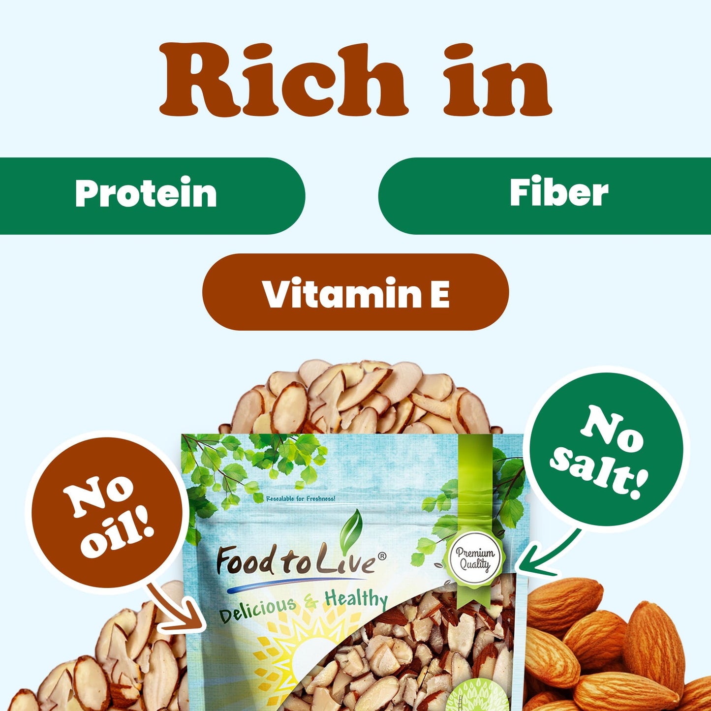 Dry Roasted Natural Sliced Almonds - 6 Ounces Unblanched Nuts, Oven Toasted, Unsalted, No Oil Added, Perfect for Cooking, Baking and Snacking, Vegan
