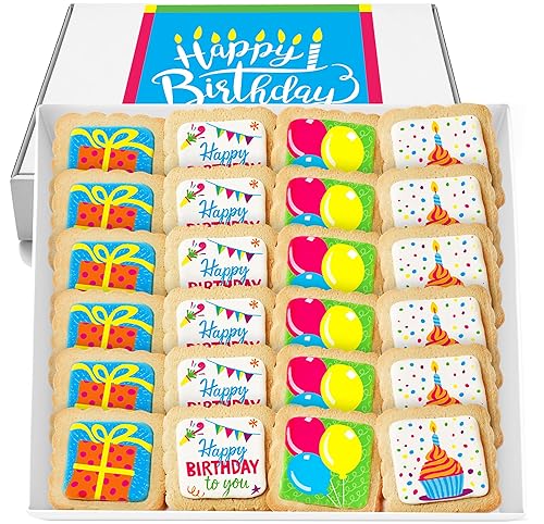Happy Birthday Cookies 24 PACK INDIVIDUALLY WRAPPED Party Favors Gift Basket for Kids Men Women | Decorated Sugar Cookie Gift Box | Nut Free