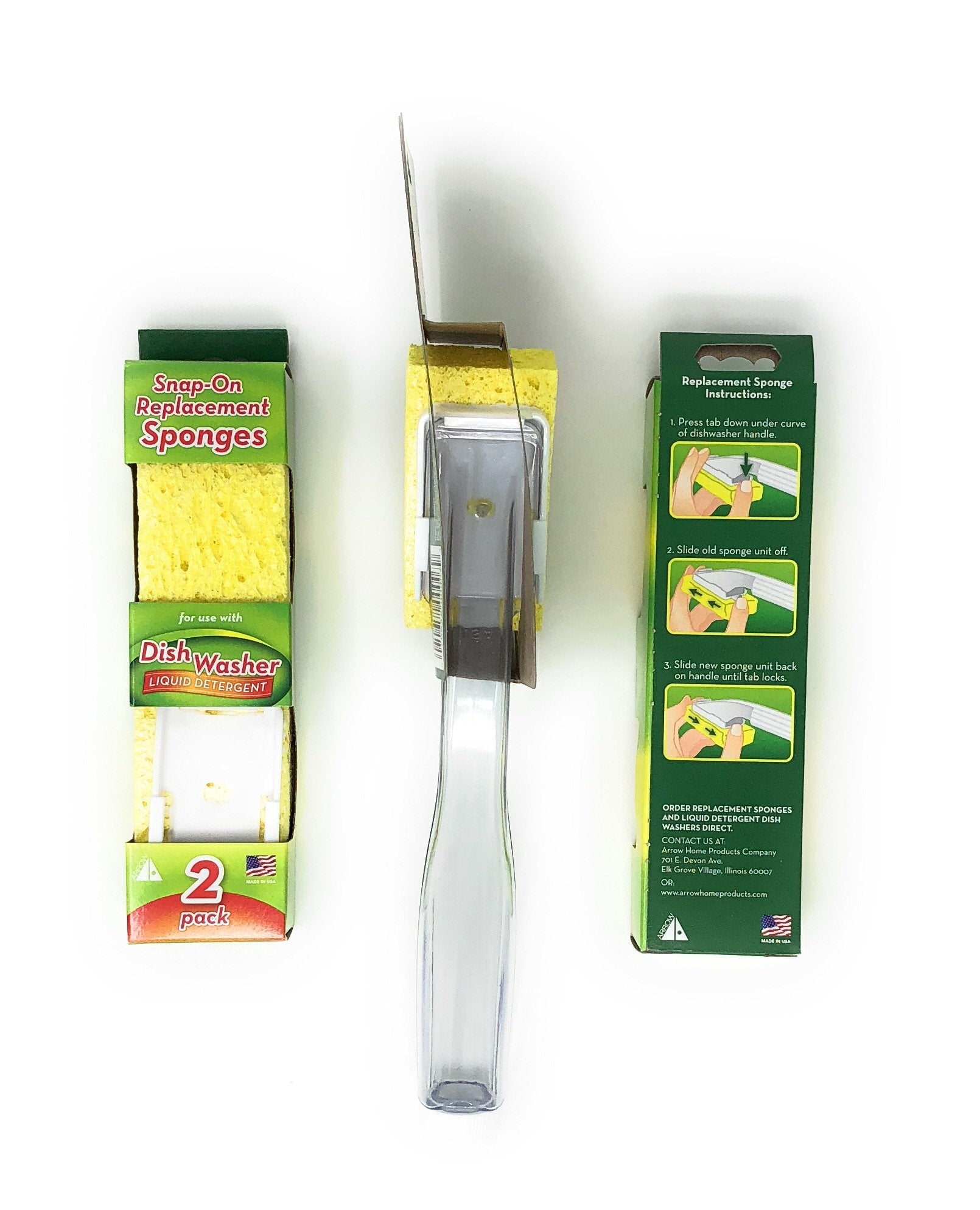 Arrow Dish Sponge w/ Soap Dispenser Handle & 4 Refill Sponges - Fillable Dish Wand for Quick, Convenient Cleaning - Easy to Refill - Built-In Scrubber