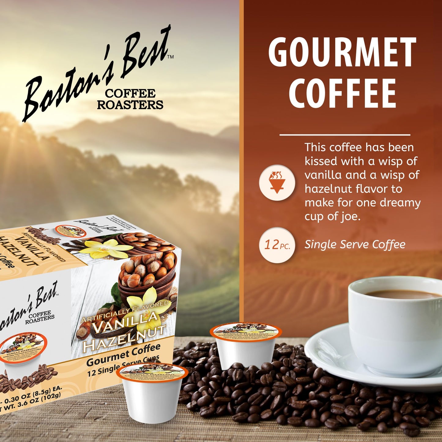 Boston’s Best - Vanilla Hazelnut Delicious Medium Roast Flavored Gourmet Coffee Compatible with Keurig Coffee Maker, 1 Count (12 Single Serve Cups)