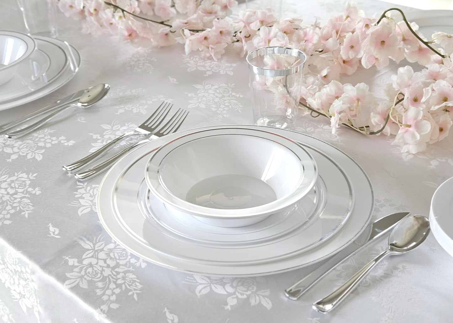 " OCCASIONS " 60 Pieces Plates Pack, Heavyweight Disposable Wedding Party Plastic Bowls (14oz Soup Bowl, White & Silver Rim)
