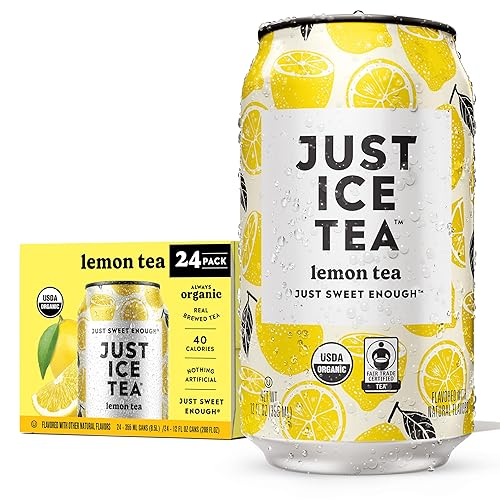 Just Ice Tea, Lemon Flavored Black Iced Tea, 24-Pack (12oz Cans), USDA Certified Organic, Real Brewed, Low Calorie, No Artificial Sweeteners, Fair