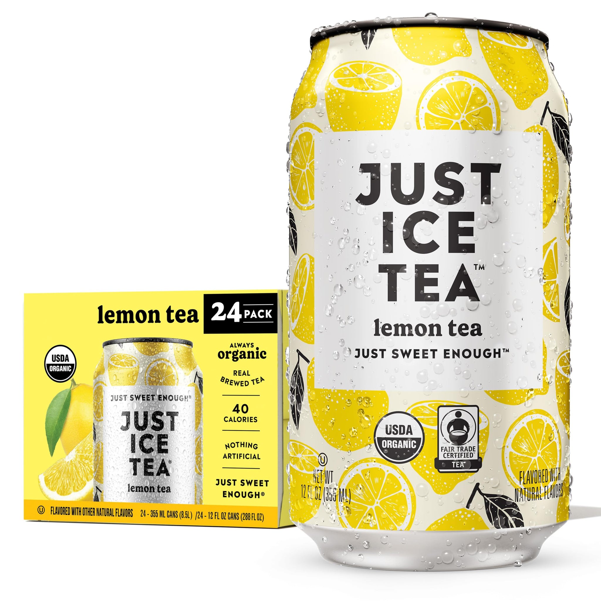 Just Ice Tea, Lemon Flavored Black Iced Tea, 24-Pack (12oz Cans), USDA Certified Organic, Real Brewed, Low Calorie, No Artificial Sweeteners, Fair
