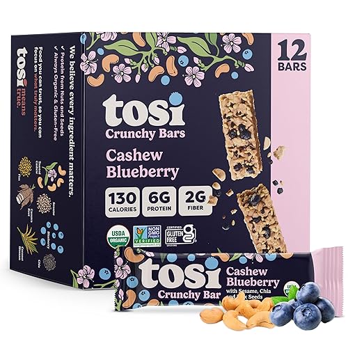 Tosi Nut Bars, Cashew Blueberry, Healthy Snacks for Adults & Kids, Plant Based Crunchy Bars (6G Protein), Organic Keto Snacks, Vegan, Gluten & Soy