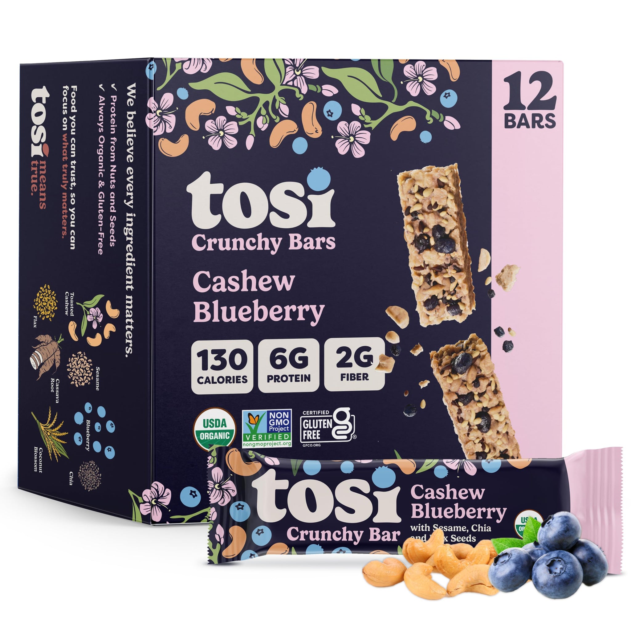 Tosi Nut Bars, Cashew Blueberry, Healthy Snacks for Adults & Kids, Plant Based Crunchy Bars (6G Protein), Organic Keto Snacks, Vegan, Gluten & Soy