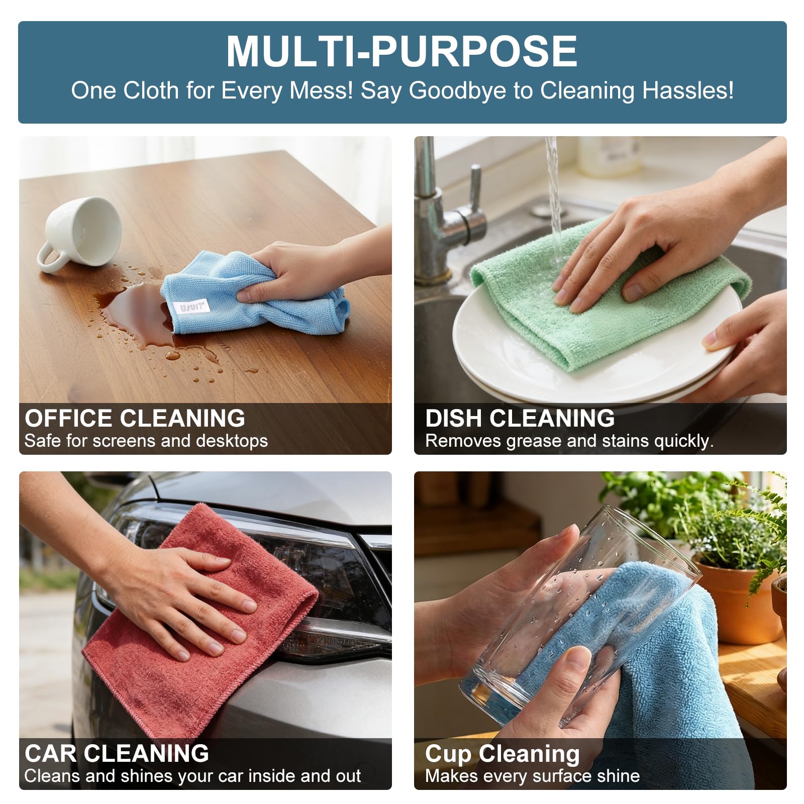 USUIT 12-Pack Microfiber Cloths (12"x12") High Density 320 GSM Ultra-Absorbent Towels - Reusable Lint-Free Wash Rags for Car, Kitchen, Glass & Home